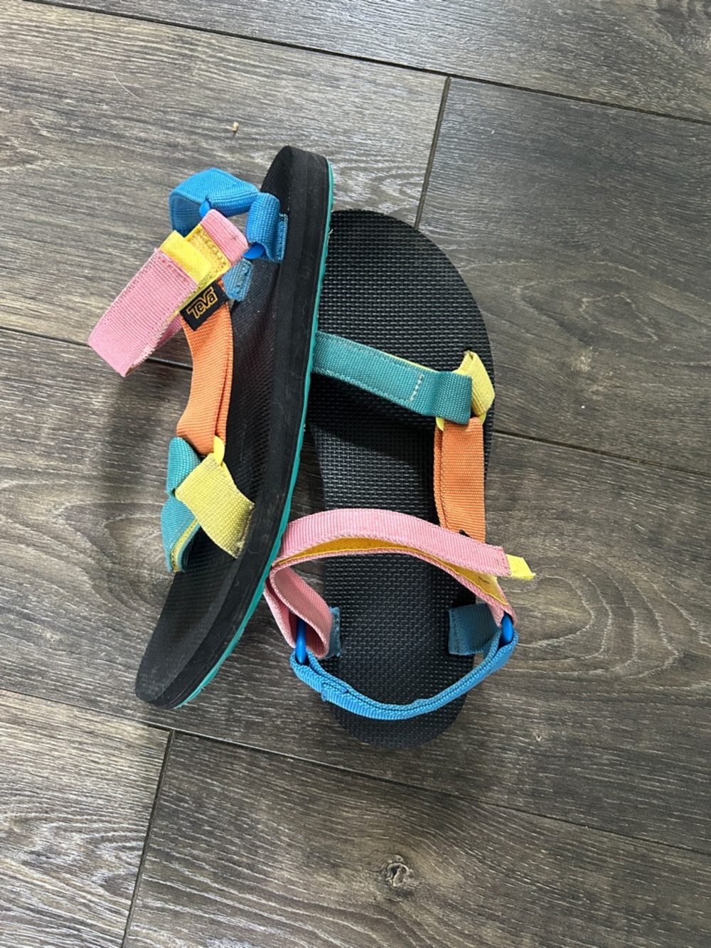 Teva Black Sandals with Blue, Pink, Orange, Yellow & Teal Straps